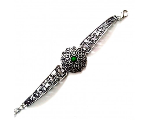 TIMELESS Green - Silver Oxidized Bracelet Wristlet Wristband Bangle Band Jewelry